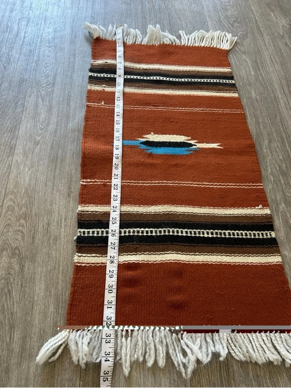 Vintage Handwoven Southwestern Wool Rug Mexican Style Rust Fringe 34.5x15.5